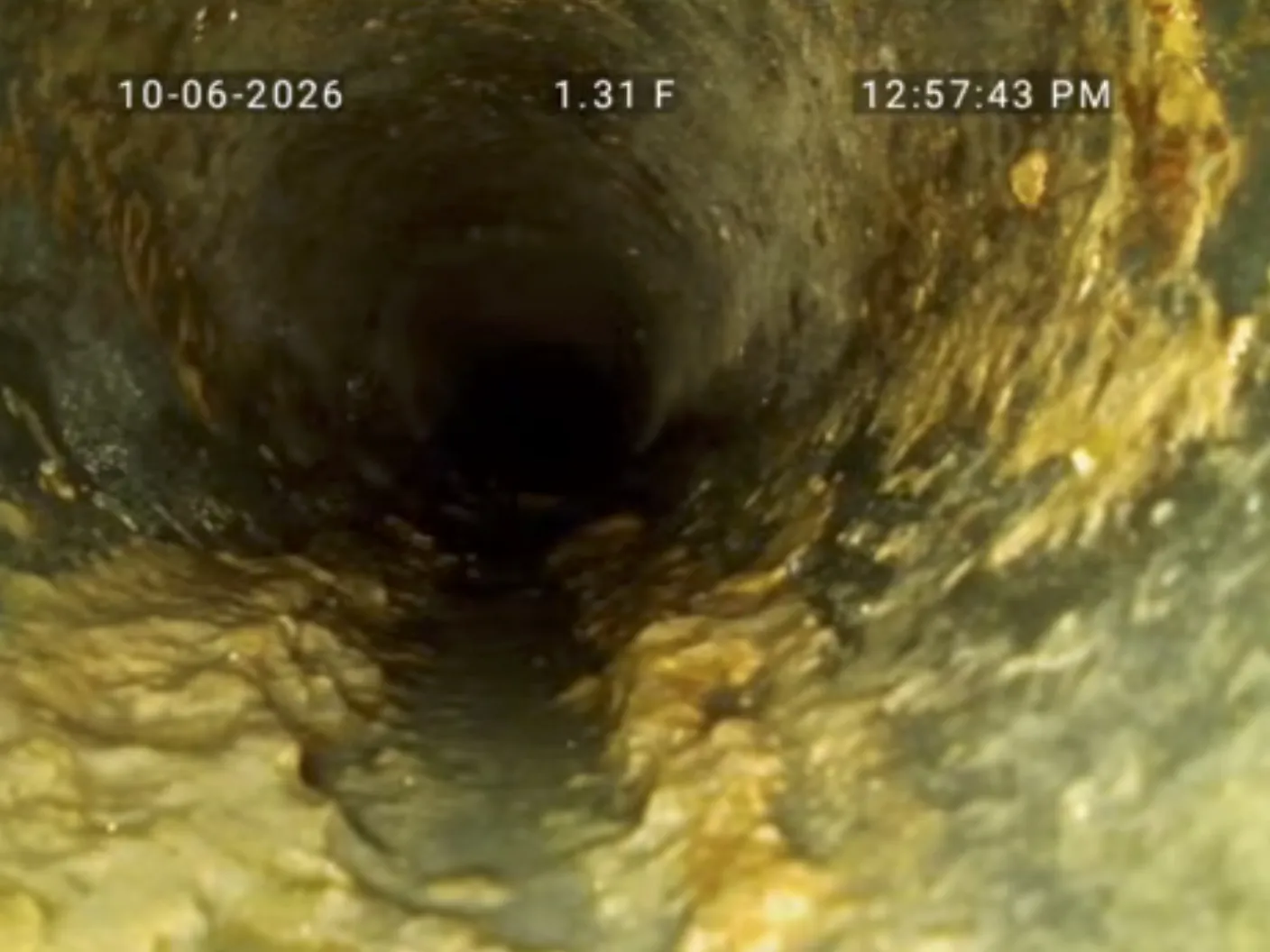 Sewer camera view of thick grease buildup along the bottom and sides of a sewer pipe near the kitchen connection