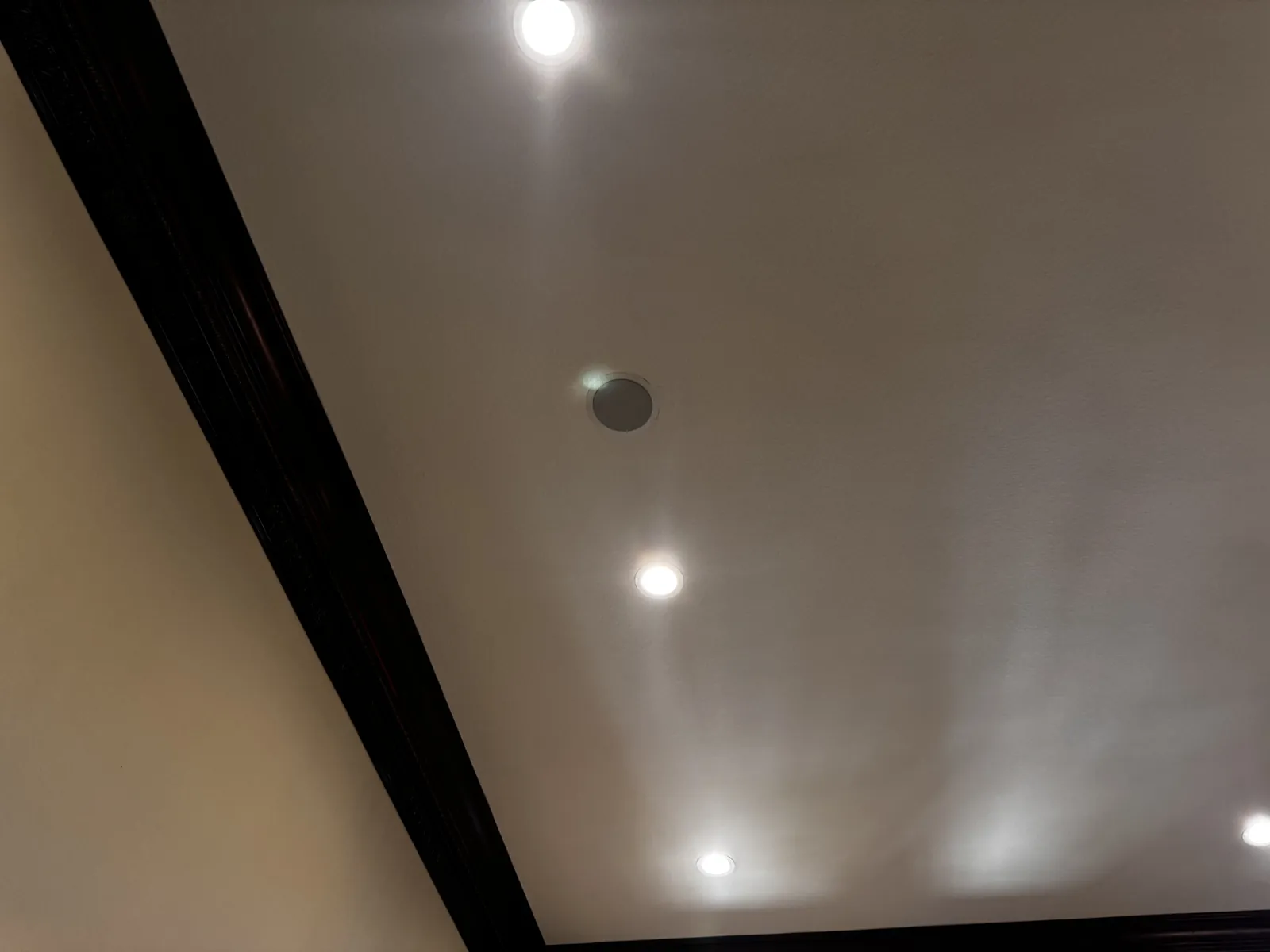 Finished ceiling with recessed can lights, a ceiling speaker and dark crown molding, showing no visible problems